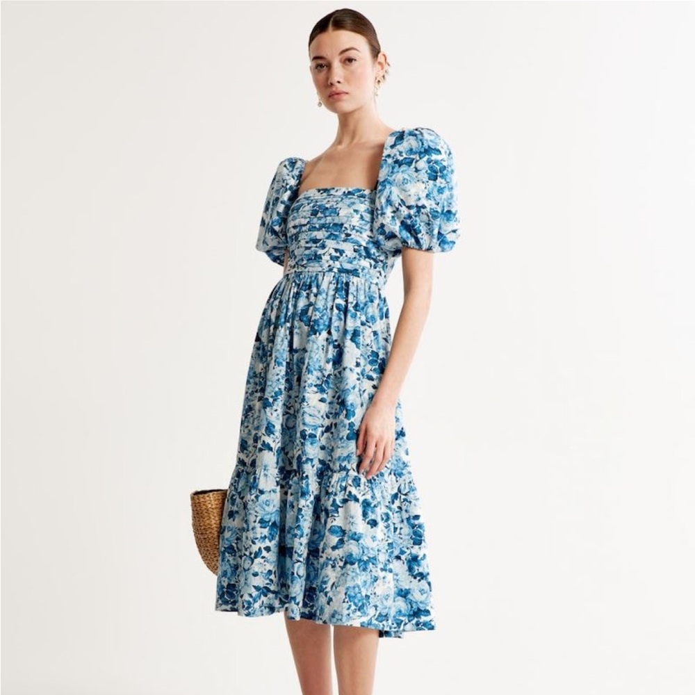 Abercrombie & Fitch Emerson Poplin Puff Sleeve Midi Dress Blue Floral